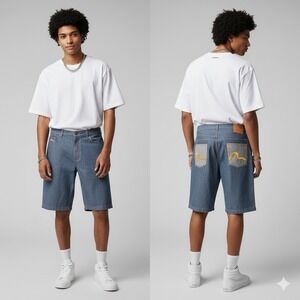 EVISU Mens Denim Shorts Size 38 Red Stitching Seagull‎ Logo